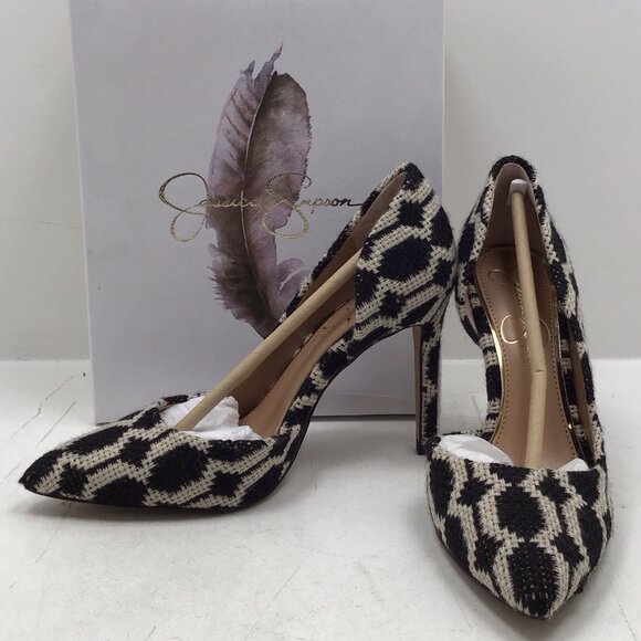 Jessica Simpson Women’s Praylee Geo Print Tapestry Heels Black & White - Picture 1 of 7